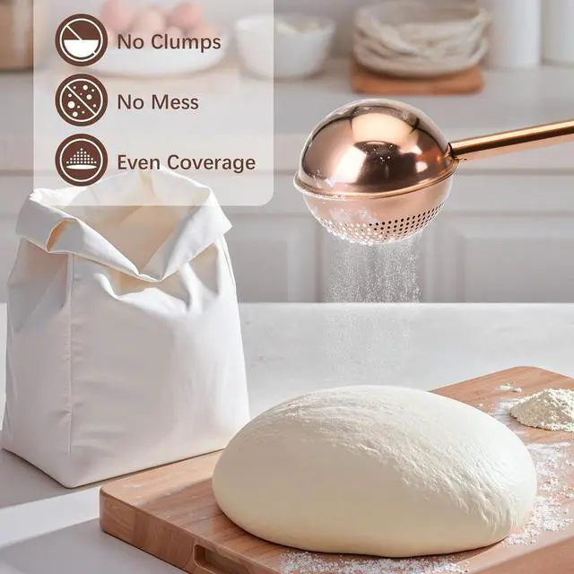 Alt view image 2 of 7 - HULISEN Flour Duster, 304 Stainless Steel Flour Sifter for Baking, Brown | Spring-Press Handle, Dishwasher Safe, For Flour, Powdered Sugar, Fine Spices, Pick Up and Dust Flour Sifter, Gift Package