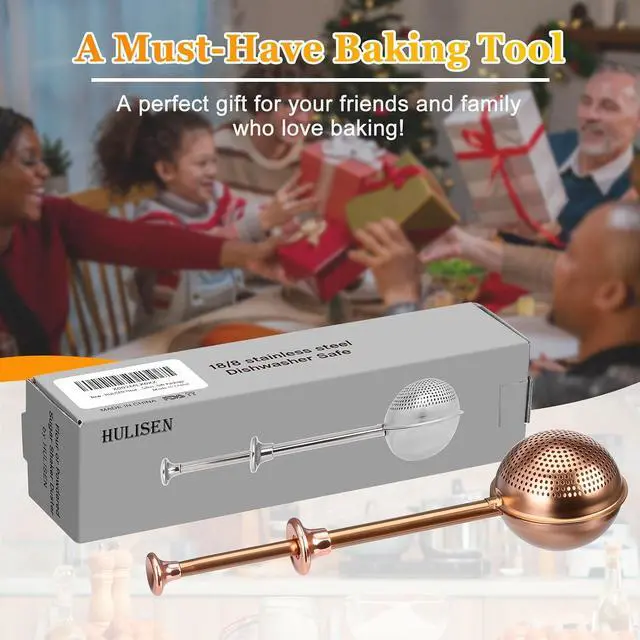 Alt view image 7 of 7 - HULISEN Flour Duster, 304 Stainless Steel Flour Sifter for Baking, Brown | Spring-Press Handle, Dishwasher Safe, For Flour, Powdered Sugar, Fine Spices, Pick Up and Dust Flour Sifter, Gift Package