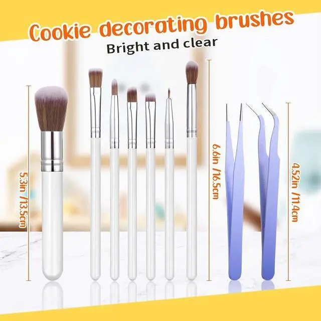 Alt view image 2 of 7 - Sinmoe 10 Pieces Cake Candy Decorating Brushes Tools Cookie Decoration Brushes Pastry Brush and Stainless Steel Straight and Curved Tip Tweezers Pasta Tweezers for Baking Fondant (Macaron Color)