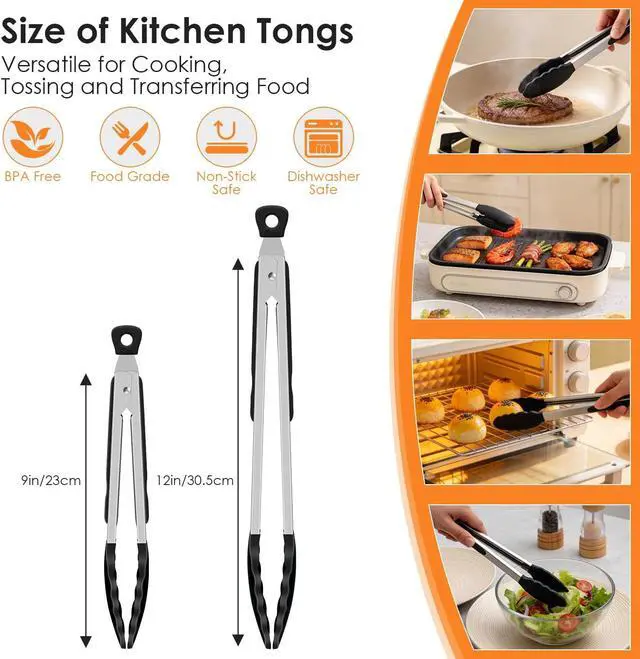Alt view image 2 of 7 - HOTEC Silicone Kitchen Tongs Set of 2-9" and 12" Locking Stainless Steel Cooking Tongs with Silicon Tips Non-Scratch Heat Resistant 600°F for BBQ, Grill, Air Fryer & Serving