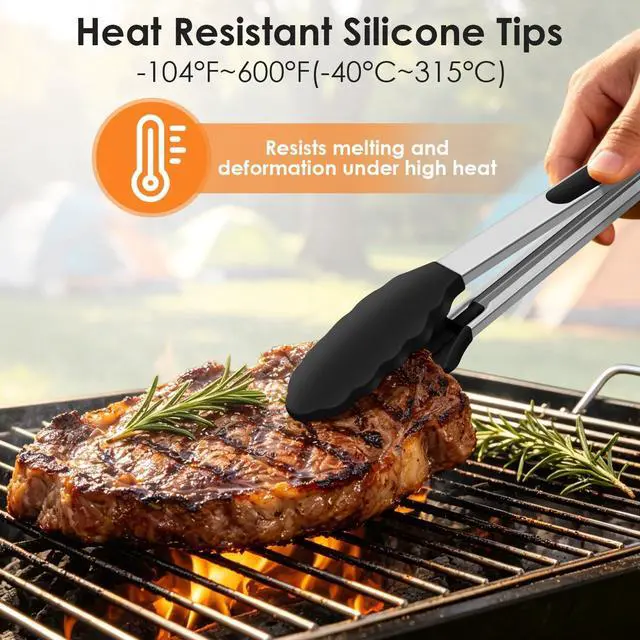 Alt view image 3 of 7 - HOTEC Silicone Kitchen Tongs Set of 2-9" and 12" Locking Stainless Steel Cooking Tongs with Silicon Tips Non-Scratch Heat Resistant 600°F for BBQ, Grill, Air Fryer & Serving