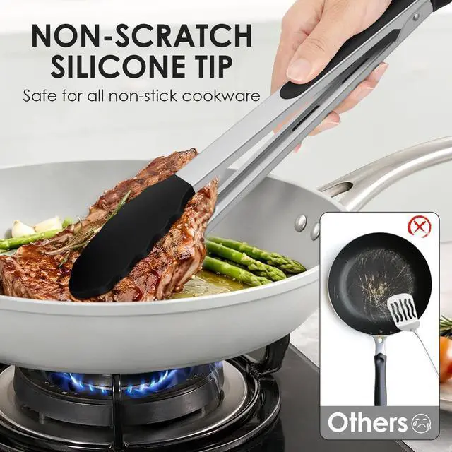 Alt view image 5 of 7 - HOTEC Silicone Kitchen Tongs Set of 2-9" and 12" Locking Stainless Steel Cooking Tongs with Silicon Tips Non-Scratch Heat Resistant 600°F for BBQ, Grill, Air Fryer & Serving