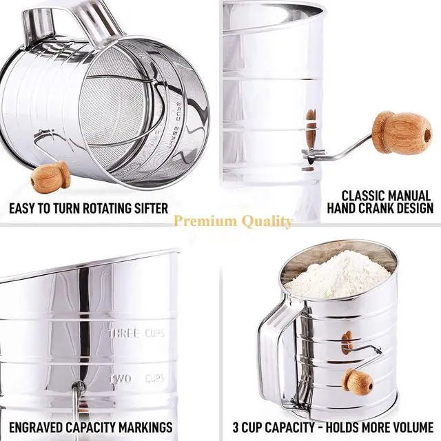 Alt view image 2 of 7 - Stainless Steel 3 Cups Flour Sifter for baking | Rotary Hand Crank Powdered sugar shaker and flour duster|
