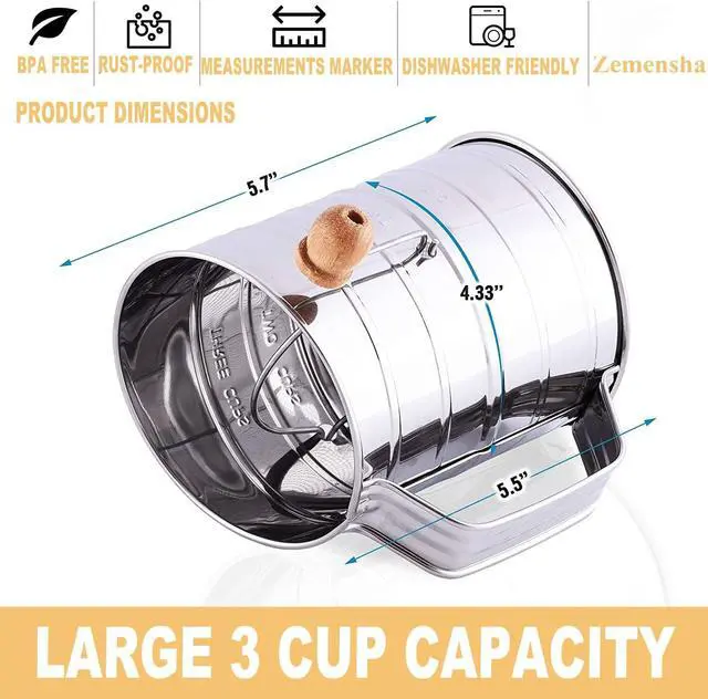 Alt view image 3 of 7 - Stainless Steel 3 Cups Flour Sifter for baking | Rotary Hand Crank Powdered sugar shaker and flour duster|