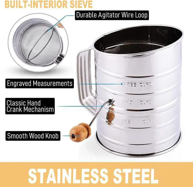 Alt view image 5 of 7 - Stainless Steel 3 Cups Flour Sifter for baking | Rotary Hand Crank Powdered sugar shaker and flour duster|