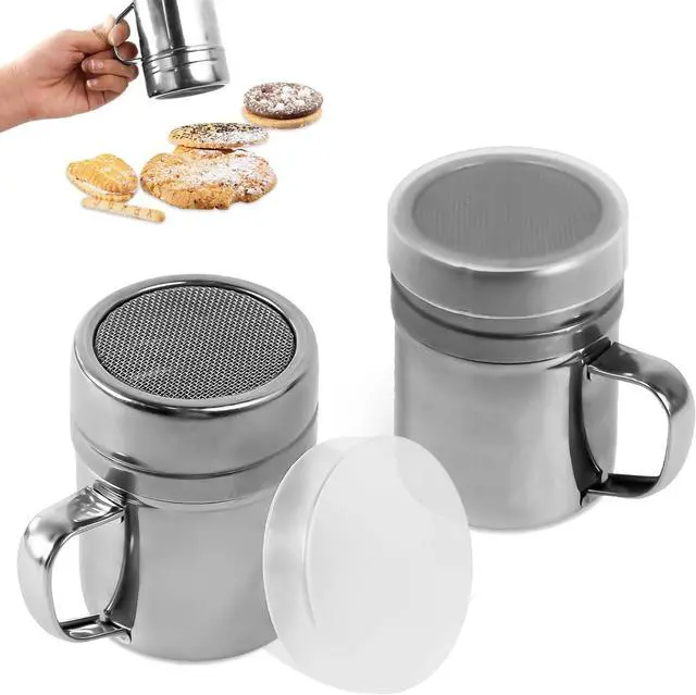 Main image of 2 Pcs Powdered Sugar Shaker Duster with Handle, Stainless Steel Fine Mesh Shaker Powder Cans with Plastic Lid, Sifter Dredge Shaker for Powder Sugar Cinnamon Cocoa Pepper Coffee Flour Salt (10oz)