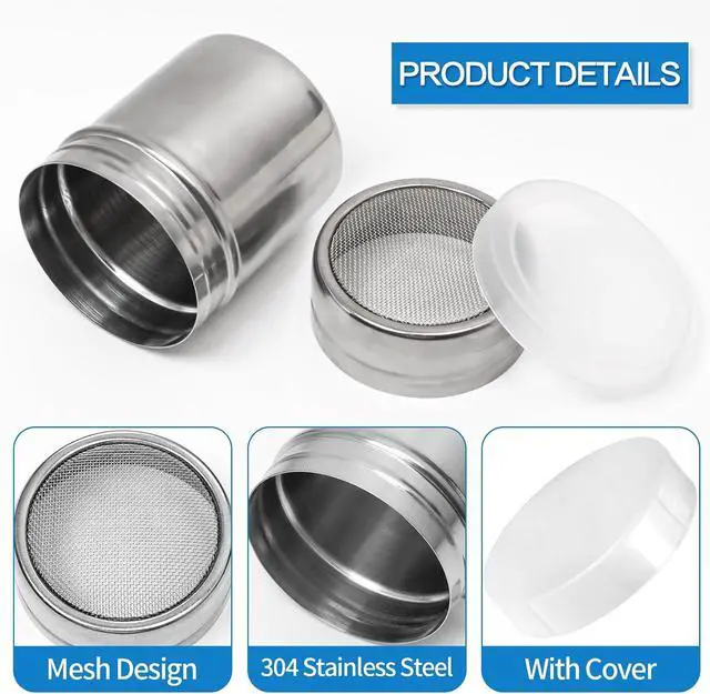 Alt view image 3 of 7 - 2 Pcs Powdered Sugar Shaker Duster with Handle, Stainless Steel Fine Mesh Shaker Powder Cans with Plastic Lid, Sifter Dredge Shaker for Powder Sugar Cinnamon Cocoa Pepper Coffee Flour Salt (10oz)