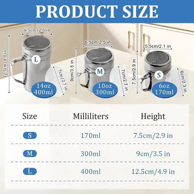 Alt view image 2 of 7 - 2 Pcs Powdered Sugar Shaker Duster with Handle, Stainless Steel Fine Mesh Shaker Powder Cans with Plastic Lid, Sifter Dredge Shaker for Powder Sugar Cinnamon Cocoa Pepper Coffee Flour Salt (10oz)