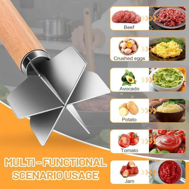 Alt view image 3 of 7 - 11 inch Stainless Steel Meat masher with 6 Blades, Metal Potato Masher, Ground Beef chopper tool, Suitable For Making Ground meat, Mashed potatoes, Jam and moreone pack)