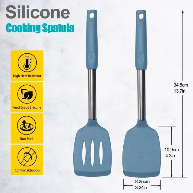 Alt view image 2 of 7 - 2 Pack Spatulas, Solid & Slotted Silicone Spatula Set, Stainless Steel Handle Coated with Silicone, Non Stick, Heat Resistant Rubber Flipper for Fish, Eggs, Pancakes, WOK, Starry Blue