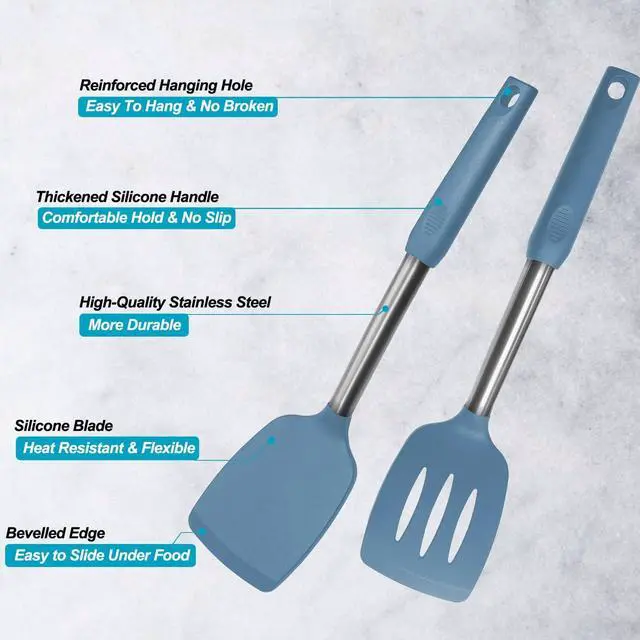 Alt view image 3 of 7 - 2 Pack Spatulas, Solid & Slotted Silicone Spatula Set, Stainless Steel Handle Coated with Silicone, Non Stick, Heat Resistant Rubber Flipper for Fish, Eggs, Pancakes, WOK, Starry Blue