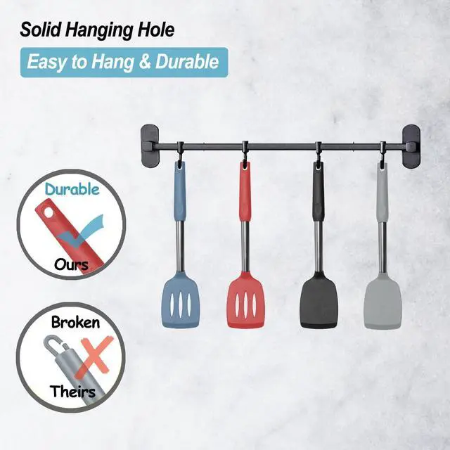 Alt view image 4 of 7 - 2 Pack Spatulas, Solid & Slotted Silicone Spatula Set, Stainless Steel Handle Coated with Silicone, Non Stick, Heat Resistant Rubber Flipper for Fish, Eggs, Pancakes, WOK, Starry Blue