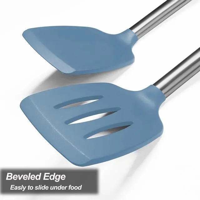 Alt view image 6 of 7 - 2 Pack Spatulas, Solid & Slotted Silicone Spatula Set, Stainless Steel Handle Coated with Silicone, Non Stick, Heat Resistant Rubber Flipper for Fish, Eggs, Pancakes, WOK, Starry Blue
