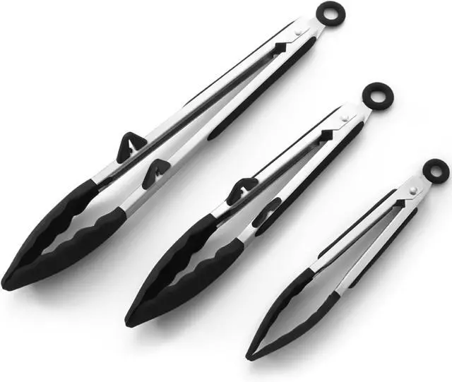 Main image of Kitchen Tongs for Cooking with Silicone Tips, 3 Size Serving Tongs, Black | 7"+9"+12", 3Pcs Food Grade Small Tongs mit Kickstand, Mini Serving Tongs for BBQ Salad
