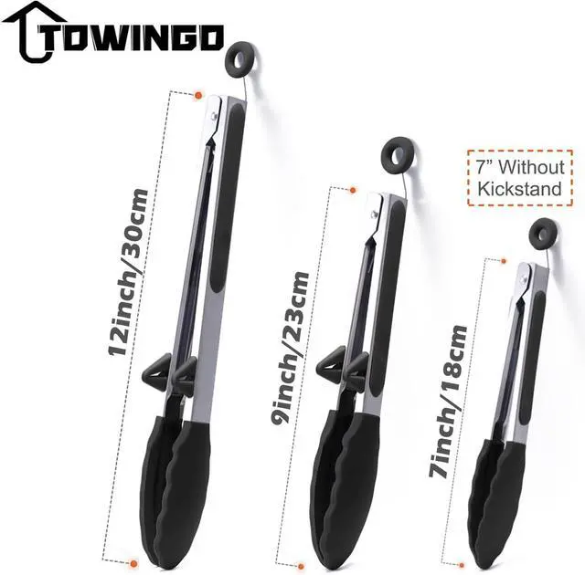 Alt view image 4 of 7 - Kitchen Tongs for Cooking with Silicone Tips, 3 Size Serving Tongs, Black | 7"+9"+12", 3Pcs Food Grade Small Tongs mit Kickstand, Mini Serving Tongs for BBQ Salad