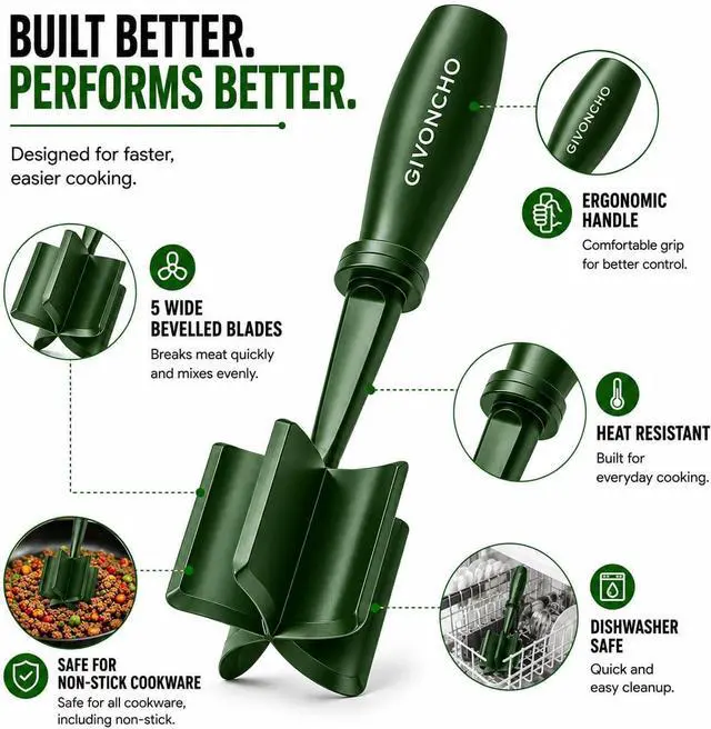 Alt view image 2 of 7 - Meat Chopper & Masher, Heat-Resistant Nylon Ground Meat Breaker, Nonstick-Safe Hamburger Chopper Tool for Beef, Ergonomic Handle Kitchen Utensil (1, Green)