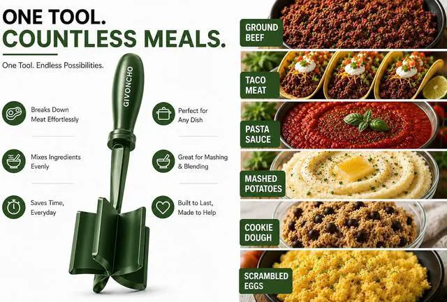 Alt view image 4 of 7 - Meat Chopper & Masher, Heat-Resistant Nylon Ground Meat Breaker, Nonstick-Safe Hamburger Chopper Tool for Beef, Ergonomic Handle Kitchen Utensil (1, Green)