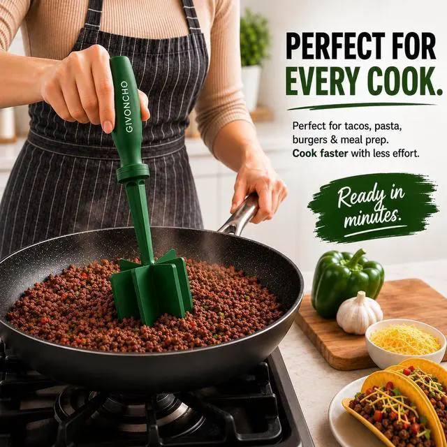 Alt view image 7 of 7 - Meat Chopper & Masher, Heat-Resistant Nylon Ground Meat Breaker, Nonstick-Safe Hamburger Chopper Tool for Beef, Ergonomic Handle Kitchen Utensil (1, Green)