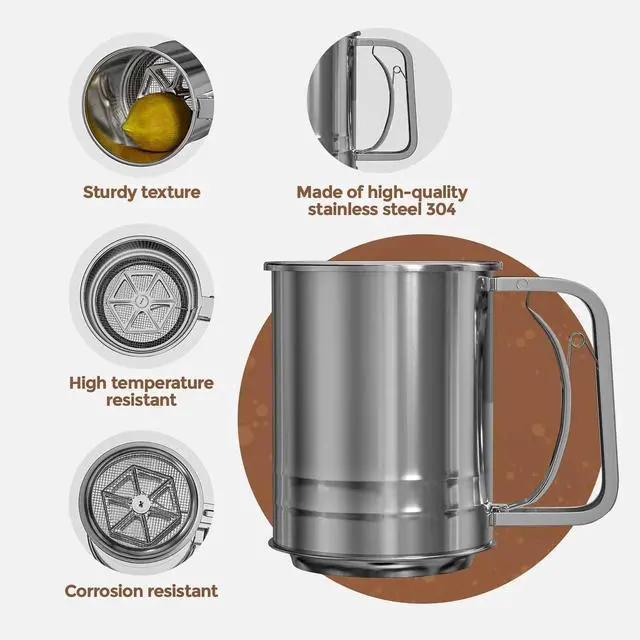 Alt view image 4 of 6 - Stainless Steel 3 Cups Hand Press Flour Sifter for Baking | Double Layers Sifter Powder Sugar Shaker,Flour Strainer