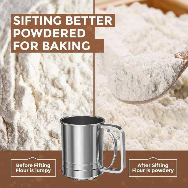 Alt view image 3 of 6 - Stainless Steel 3 Cups Hand Press Flour Sifter for Baking | Double Layers Sifter Powder Sugar Shaker,Flour Strainer