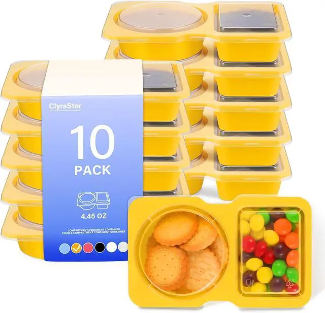 Main image of Double Compartment Snack Containers with Lids, 2 Compartment Condiment Container, Plastic Disposable Snack Pack Containers for Sauce, Salad, Food Storage Box(10PCS-Yellow)