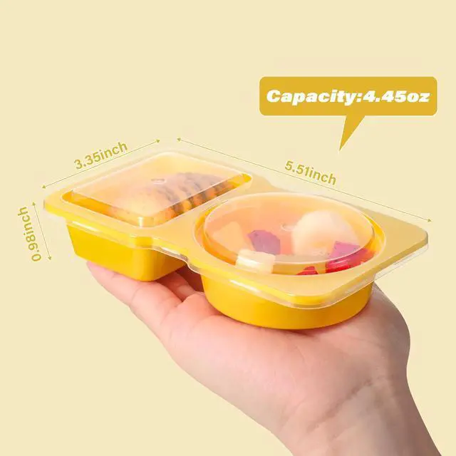 Alt view image 3 of 7 - Double Compartment Snack Containers with Lids, 2 Compartment Condiment Container, Plastic Disposable Snack Pack Containers for Sauce, Salad, Food Storage Box(10PCS-Yellow)