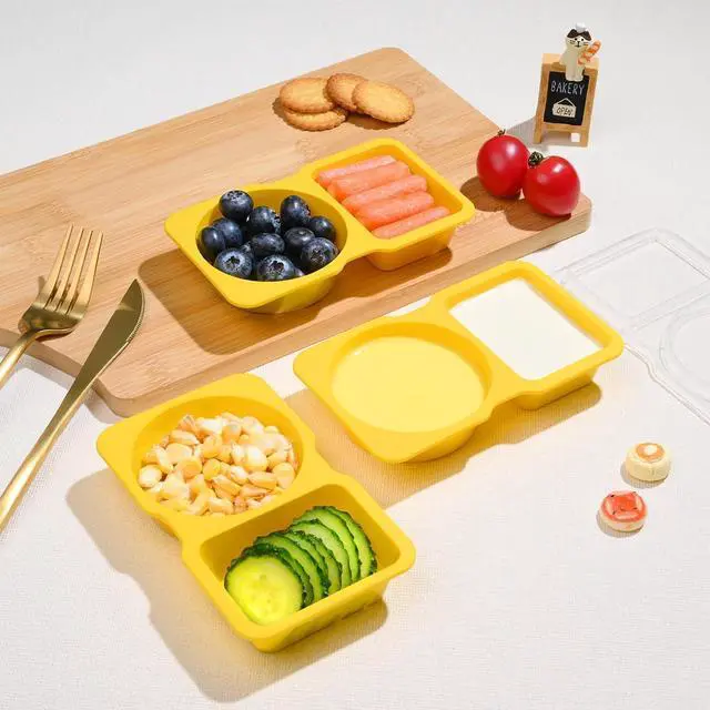 Alt view image 2 of 7 - Double Compartment Snack Containers with Lids, 2 Compartment Condiment Container, Plastic Disposable Snack Pack Containers for Sauce, Salad, Food Storage Box(10PCS-Yellow)