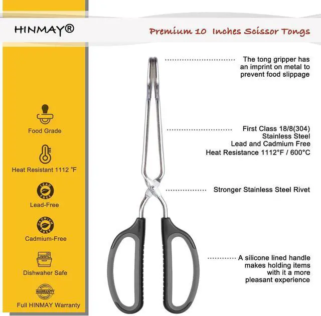 Alt view image 2 of 5 - HINMAY Scissor Tongs 10-Inch Stainless Steel Scissor Style Tongs | Black Handle