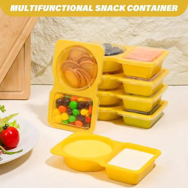Alt view image 4 of 7 - Double Compartment Snack Containers with Lids, 2 Compartment Condiment Container, Plastic Disposable Snack Pack Containers for Sauce, Salad, Food Storage Box(10PCS-Yellow)