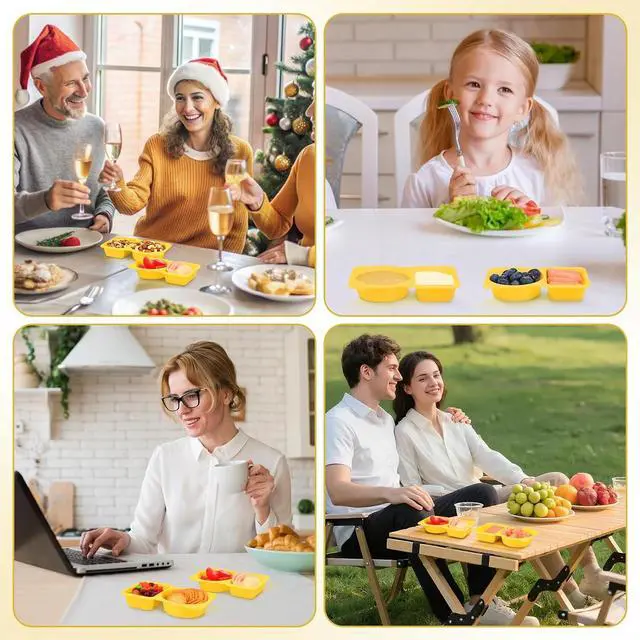 Alt view image 5 of 7 - Double Compartment Snack Containers with Lids, 2 Compartment Condiment Container, Plastic Disposable Snack Pack Containers for Sauce, Salad, Food Storage Box(10PCS-Yellow)