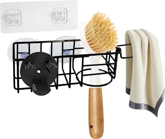 Main image of Sponge Holder Smile Face with Dish Cloth Hanger for Kitchen Sink, In-sink Caddy Organizer with Suction Cups & Adhesive Strips, Rustproof Sponge Rack for Soap, Brush, Scrubber - Black