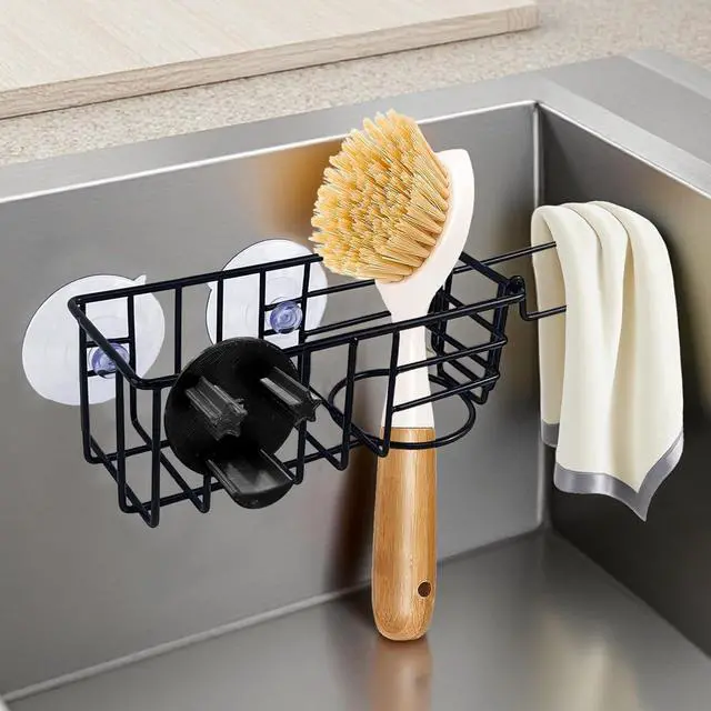 Alt view image 3 of 7 - Sponge Holder Smile Face with Dish Cloth Hanger for Kitchen Sink, In-sink Caddy Organizer with Suction Cups & Adhesive Strips, Rustproof Sponge Rack for Soap, Brush, Scrubber - Black