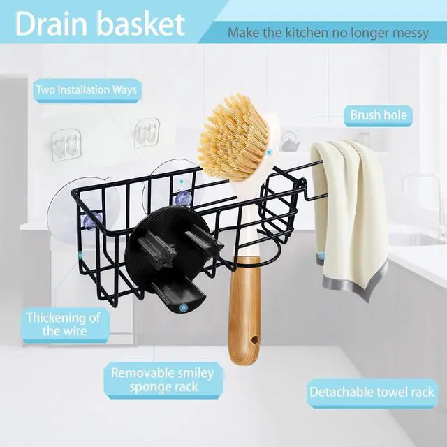 Alt view image 4 of 7 - Sponge Holder Smile Face with Dish Cloth Hanger for Kitchen Sink, In-sink Caddy Organizer with Suction Cups & Adhesive Strips, Rustproof Sponge Rack for Soap, Brush, Scrubber - Black