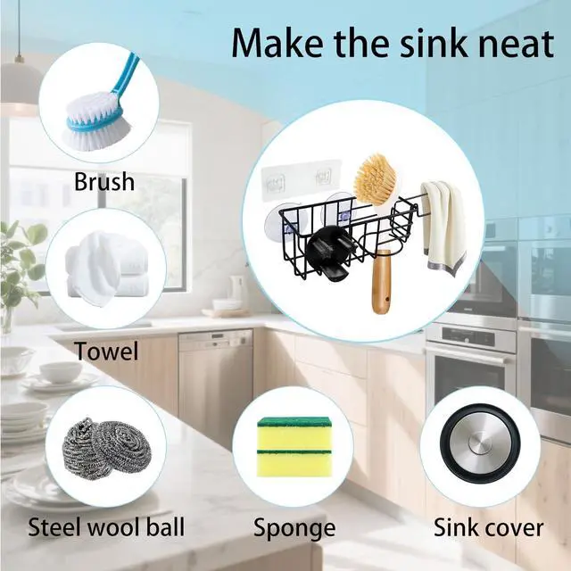 Alt view image 5 of 7 - Sponge Holder Smile Face with Dish Cloth Hanger for Kitchen Sink, In-sink Caddy Organizer with Suction Cups & Adhesive Strips, Rustproof Sponge Rack for Soap, Brush, Scrubber - Black