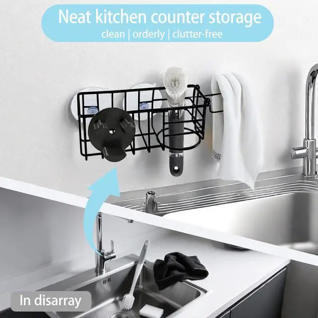 Alt view image 6 of 7 - Sponge Holder Smile Face with Dish Cloth Hanger for Kitchen Sink, In-sink Caddy Organizer with Suction Cups & Adhesive Strips, Rustproof Sponge Rack for Soap, Brush, Scrubber - Black