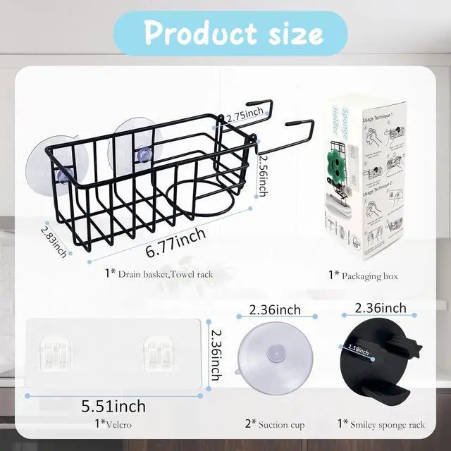 Alt view image 2 of 7 - Sponge Holder Smile Face with Dish Cloth Hanger for Kitchen Sink, In-sink Caddy Organizer with Suction Cups & Adhesive Strips, Rustproof Sponge Rack for Soap, Brush, Scrubber - Black