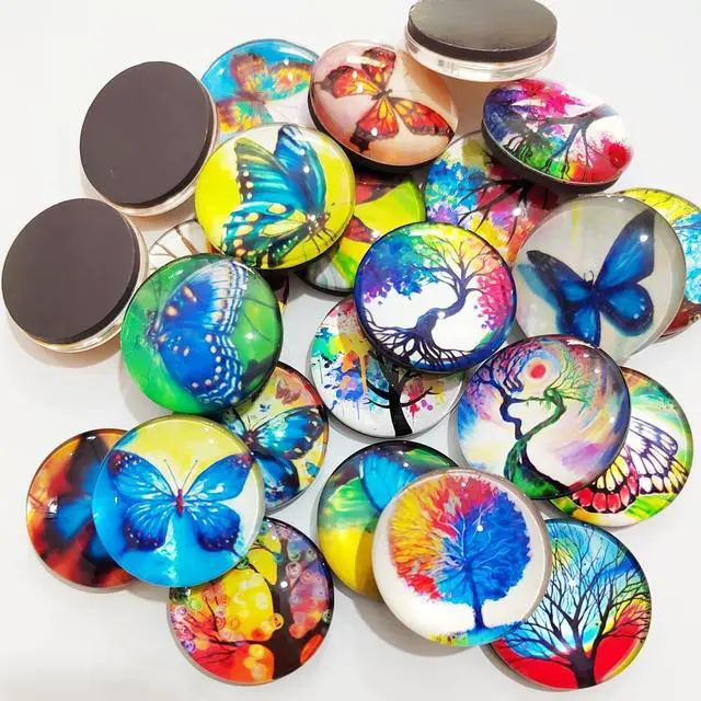 Alt view image 2 of 5 - 24Pcs 1.2in Round 3D Glass Fridge Magnets, Strong & Non Scratch for Fridge,Locker,Office,Classroom & Kitchen Decor, Colorful Vibrant Butterfly & Life Tree Design