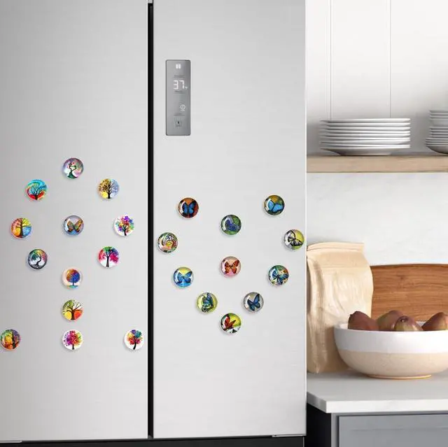 Alt view image 4 of 5 - 24Pcs 1.2in Round 3D Glass Fridge Magnets, Strong & Non Scratch for Fridge,Locker,Office,Classroom & Kitchen Decor, Colorful Vibrant Butterfly & Life Tree Design