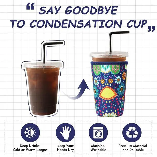 Alt view image 2 of 7 - 3Pcs Reusable Insulated Neoprene Iced Coffee Cold Soda Cup Sleeve | Blue Atmosphere Pattern 16-32Oz Cup Holder Can Cooler Cold Iced Drinks for Beverages Gifts for Families