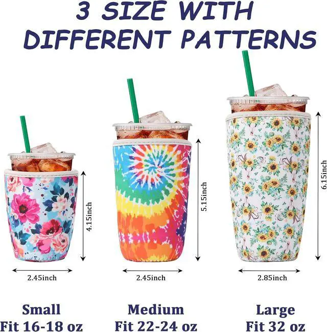 Alt view image 3 of 7 - 3Pcs Reusable Insulated Neoprene Iced Coffee Cold Soda Cup Sleeve | Colorful Pattern 16-32Oz Cup Holder Can Cooler Cold Iced Drinks for Beverages Gifts for Families