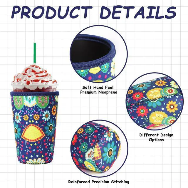 Alt view image 4 of 7 - 3Pcs Reusable Insulated Neoprene Iced Coffee Cold Soda Cup Sleeve | Blue Atmosphere Pattern 16-32Oz Cup Holder Can Cooler Cold Iced Drinks for Beverages Gifts for Families