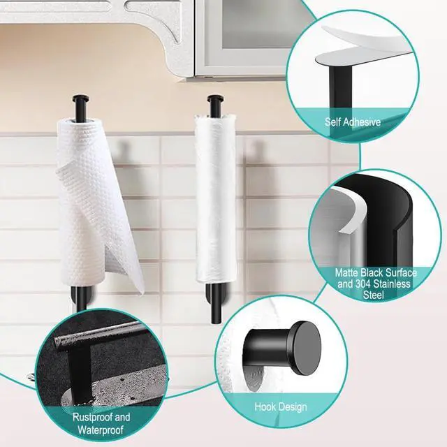 Alt view image 3 of 6 - MGahyi Black Paper Towel Holder Under Cabinet Wall Mount | 13.2In Rust-resistant Stainless Steel Paper Towel Roll Rack, Self Adhesive Or Drilling, for Kitchen Laundry Bathroom