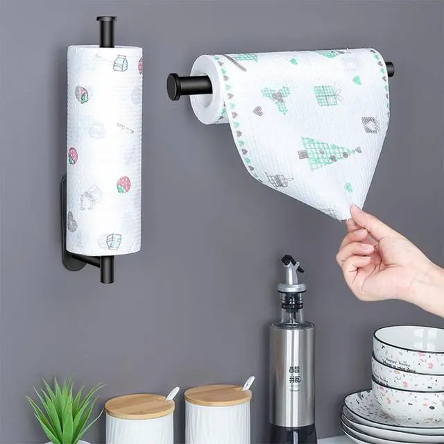 Alt view image 4 of 6 - MGahyi Black Paper Towel Holder Under Cabinet Wall Mount | 13.2In Rust-resistant Stainless Steel Paper Towel Roll Rack, Self Adhesive Or Drilling, for Kitchen Laundry Bathroom