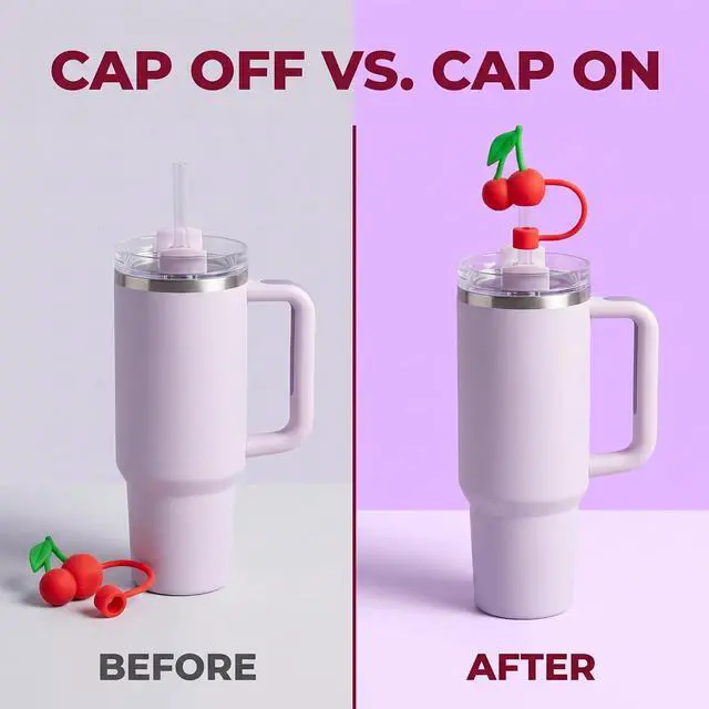 Alt view image 5 of 7 - Red Cherries Silicone Straw Cover for 10mm Straw Covers Cap for Stanley Cup Accessories, for Stanley cup Accessories for Reusable Straws Tip Lids (Fruit Cap)