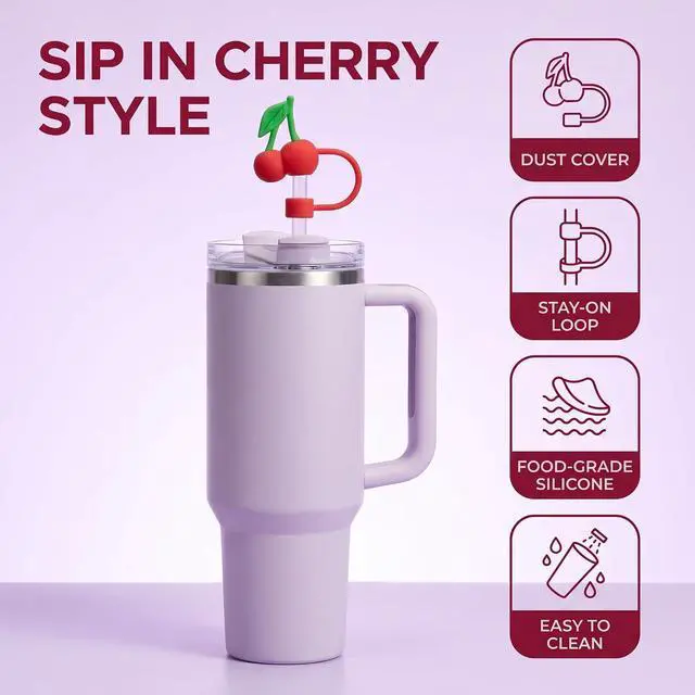 Alt view image 7 of 7 - Red Cherries Silicone Straw Cover for 10mm Straw Covers Cap for Stanley Cup Accessories, for Stanley cup Accessories for Reusable Straws Tip Lids (Fruit Cap)