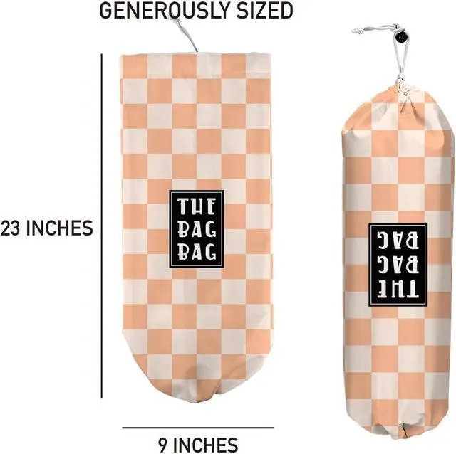 Alt view image 4 of 6 - Plastic Bag Holder,Reusable And Washable Grocery Bag organizer,for Home Kitchen Travelling Camping Decor, use 1 Pack, Orange And White Checkerboard Pattern