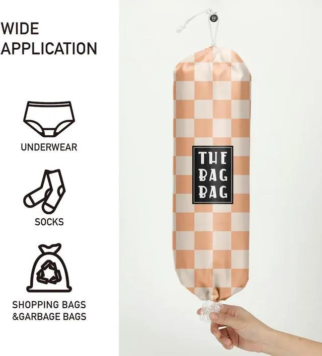 Alt view image 2 of 6 - Plastic Bag Holder,Reusable And Washable Grocery Bag organizer,for Home Kitchen Travelling Camping Decor, use 1 Pack, Orange And White Checkerboard Pattern