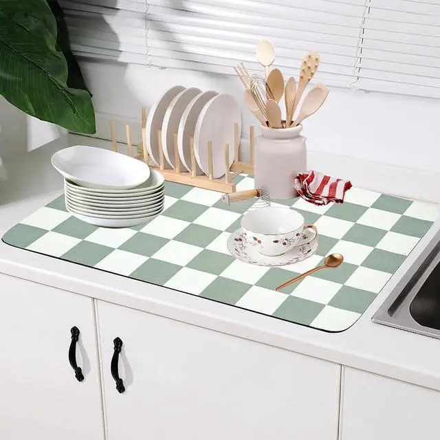 Main image of Coffee Mat Checkered Dish Drying Pad for Kitchen Pet Placemat Absorbent Quick Dry Washable Anti-slip Rubber Backed Mats for Kitchen Counter Coffee Bar Bathroom Bedroom 15.7" x 23.6"