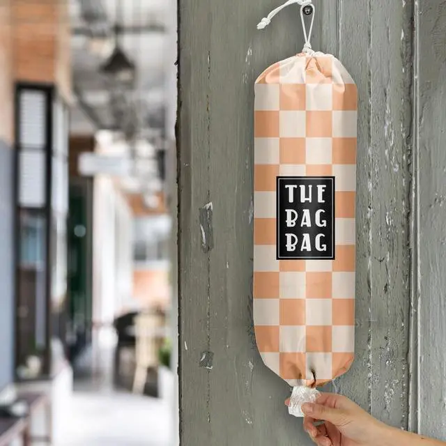 Alt view image 6 of 6 - Plastic Bag Holder,Reusable And Washable Grocery Bag organizer,for Home Kitchen Travelling Camping Decor, use 1 Pack, Orange And White Checkerboard Pattern