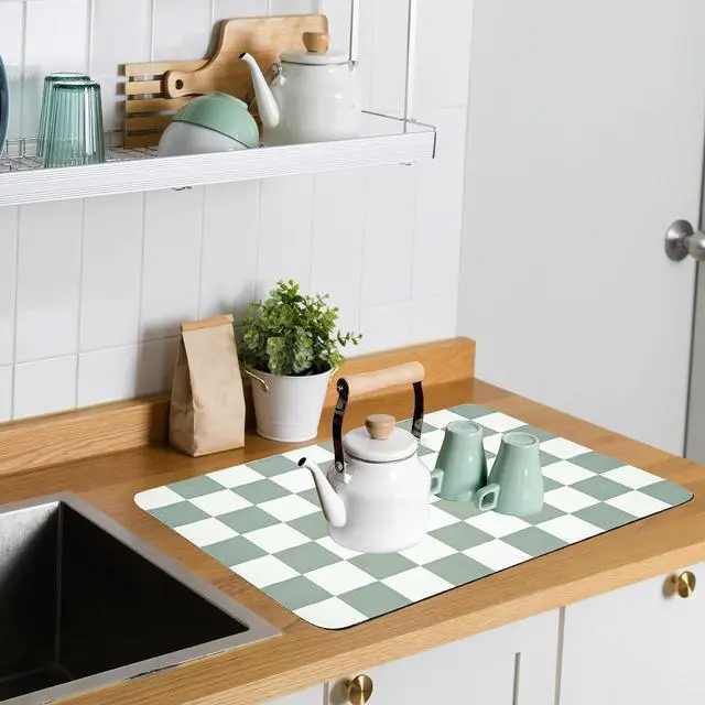 Alt view image 3 of 7 - Coffee Mat Checkered Dish Drying Pad for Kitchen Pet Placemat Absorbent Quick Dry Washable Anti-slip Rubber Backed Mats for Kitchen Counter Coffee Bar Bathroom Bedroom 15.7" x 23.6"